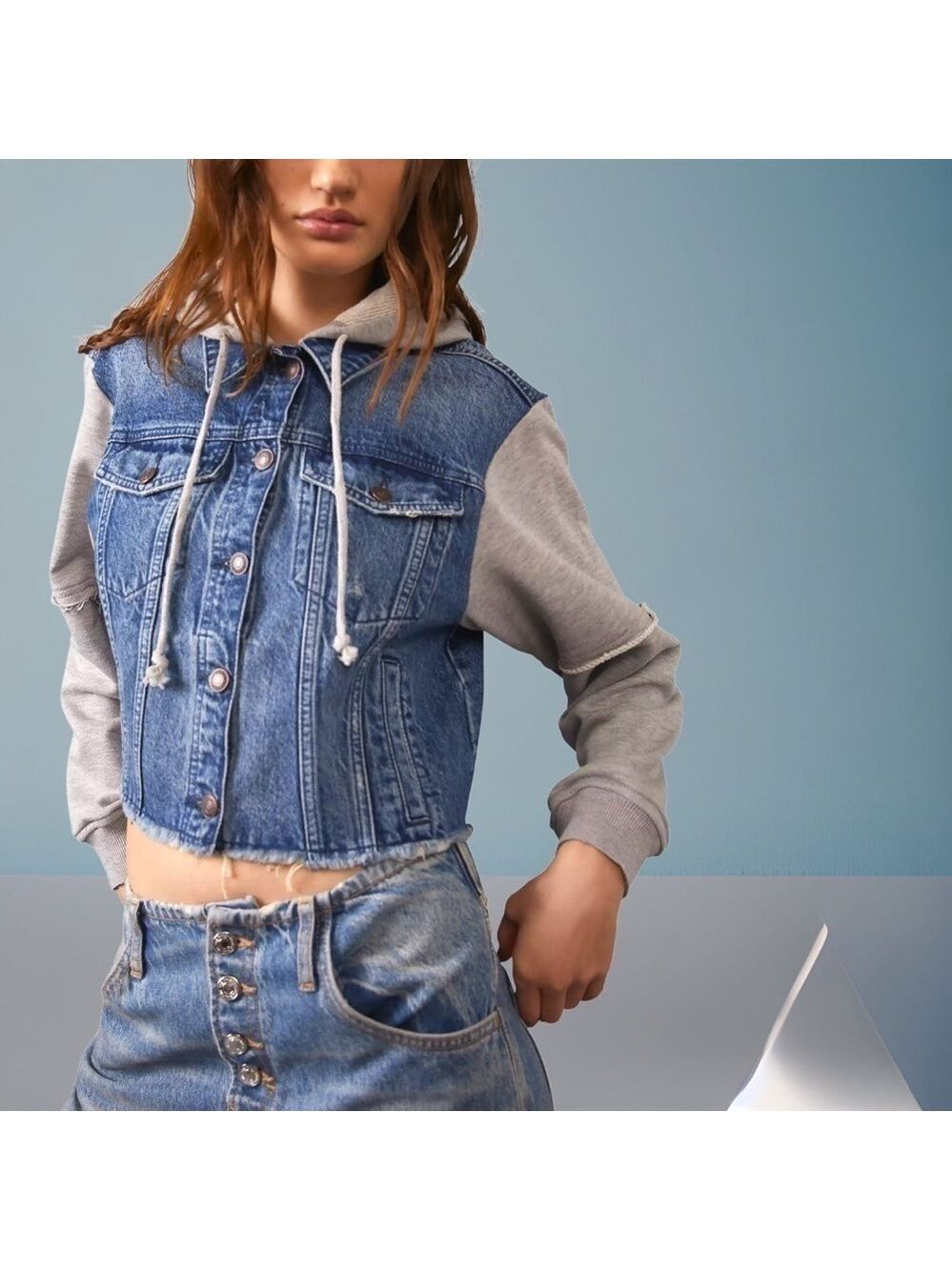 FREE PEOPLE Throwback Denim/Knit Hoodie Style Raw Hem Relaxed Crop Jacket-Md NWT - Picture 4 of 16